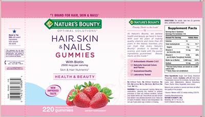Photo of the Nature's Bounty Optimal Solutions Hair, Skin & Nails Gummies With Biotin Strawberry Flavored label
