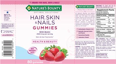 Photo of the Nature's Bounty Optimal Solutions Hair, Skin & Nails Gummies With Biotin Strawberry Flavored label