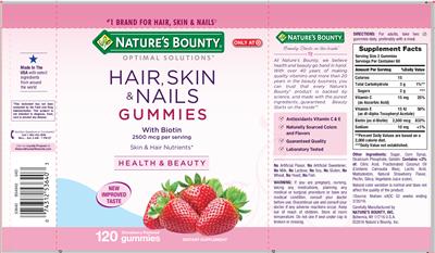 Photo of the Nature's Bounty Optimal Solutions Hair, Skin & Nails Gummies With Biotin Strawberry Flavored label