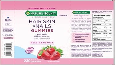 Photo of the Nature's Bounty Optimal Solutions Hair, Skin & Nails Gummies With Biotin Strawberry Flavored label