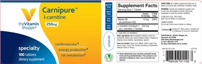 Photo of the The Vitamin Shoppe Carnipure L-Carnitine 250 mg label