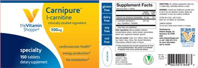 Photo of the The Vitamin Shoppe Carnipure L-Carnitine 500 mg label