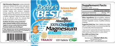 Photo of the Doctor's Best High Absorption 100% Chelated Magnesium label