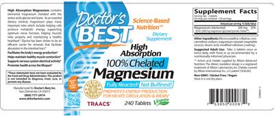 Photo of the Doctor's Best High Absorption 100% Chelated Magnesium label