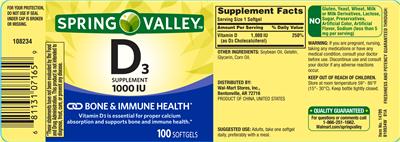 Photo of the Spring Valley D3 Supplement 1000 IU label