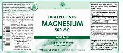 Photo of the Vitamin World High Potency Magnesium 500 mg label