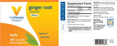 Photo of the The Vitamin Shoppe Ginger Root 550 mg label