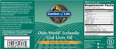 Photo of the Garden of Life Olde World Icelandic Cod Liver Oil Lemon Mint Flavor label
