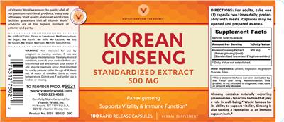 Photo of the Vitamin World Korean Ginseng 500 mg label