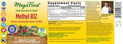 Photo of the MegaFood Methyl B12 label