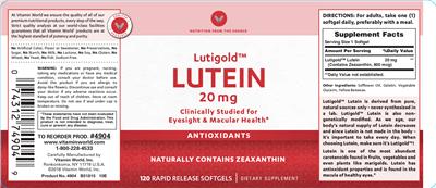 Photo of the Vitamin World Lutigold Lutein 20 mg label