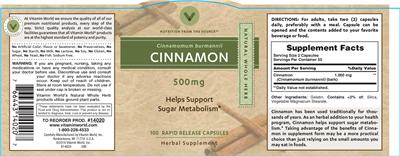 Photo of the Vitamin World Cinnamon 500 mg label