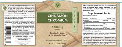 Photo of the Vitamin World Cinnamon 1000 mg With High-Potency Chromium label