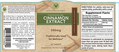 Photo of the Vitamin World Cinnamon Extract 500 mg label