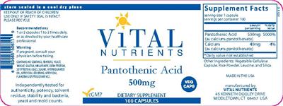 Photo of the Vital Nutrients Pantothenic Acid 500 mg label