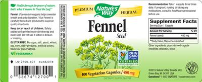Photo of the Nature's Way Fennel Seed 480 mg label