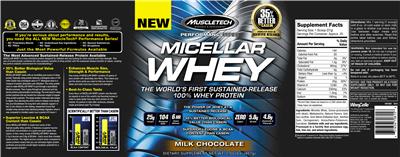 Photo of the MuscleTech Performance Series Micellar Whey Milk Chocolate label