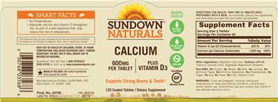Photo of the Sundown Naturals Calcium 600 mg plus Vitamin D3 label