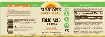 Photo of the Sundown Naturals Folic Acid 800 mcg label