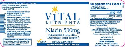 Photo of the Vital Nutrients Niacin 500 mg label
