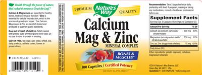 Photo of the Nature's Way Calcium Mag & Zinc Mineral Complex label