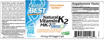Photo of the Doctor's Best Natural Vitamin K2 MK-7 with MenaQ7 45 mcg label