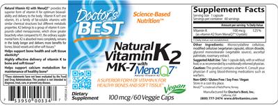 Photo of the Doctor's Best Natural Vitamin K2 MK-7 with MenaQ7 100 mcg label
