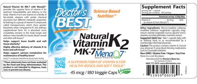 Photo of the Doctor's Best Natural Vitamin K2 MK-7 With MenaQ7 45 mcg label