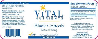 Photo of the Vital Nutrients Black Cohosh Extract 80 mg label