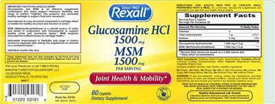 Photo of the Rexall Glucosamine HCl 1500 mg MSM 1500 mg label