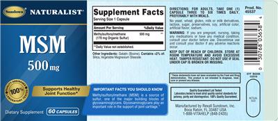 Photo of the Sundown Naturalist MSM 500 mg label