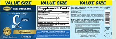 Photo of the Sundown Naturalist Chewable C 500 mg With Rose Hips Natural Orange Flavor label