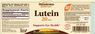 Photo of the Sundown Naturals Lutein 20 mg label
