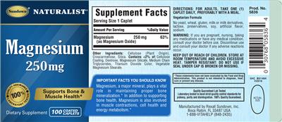 Photo of the Sundown Naturalist Magnesium 250 mg label