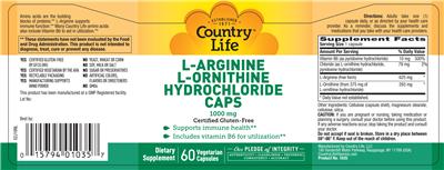 Photo of the Country Life L-Arginine L-Ornithine Hydrochloride Caps label
