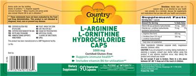 Photo of the Country Life L-Arginine L-Ornithine Hydrochloride Caps 1000 mg label