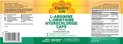 Photo of the Country Life L-Arginine L-Ornithine Hydrochloride Caps 1000 mg label