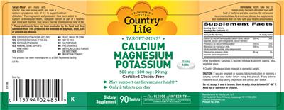 Photo of the Country Life Target-Mins Calcium Magnesium Potassium label