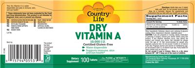 Photo of the Country Life Dry Vitamin A 10,000 IU label