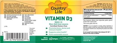 Photo of the Country Life Vitamin D3 5000 IU label