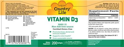 Photo of the Country Life Vitamin D3 5000 IU label