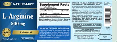 Photo of the Sundown Naturalist L-Arginine 500 mg label