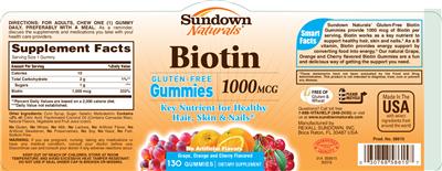 Photo of the Sundown Naturals Biotin 1000 mcg label