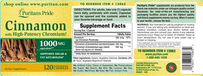 Photo of the Puritan's Pride Cinnamon With High-Potency Chromium label