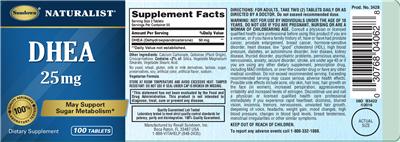 Photo of the Sundown Naturalist DHEA 25 mg label