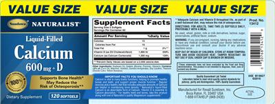 Photo of the Sundown Naturalist Liquid-Filled Calcium 600 mg + D label