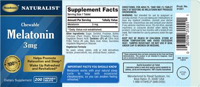 Photo of the Sundown Naturalist Chewable Melatonin 3 mg label