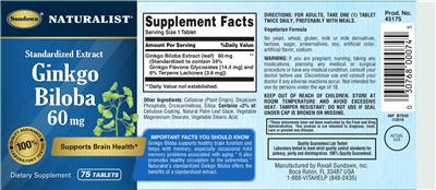Photo of the Sundown Naturalist Ginkgo Biloba 60 mg label