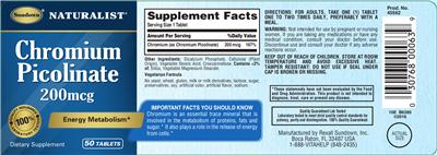 Photo of the Sundown Naturalist Chromium Picolinate 200 mcg label