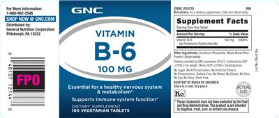 Photo of the GNC Vitamin B-6 100 mg label